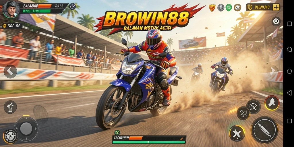 Tampilan gameplay seru di BROWIN88 dengan aksi balapan motor yang dinamis.