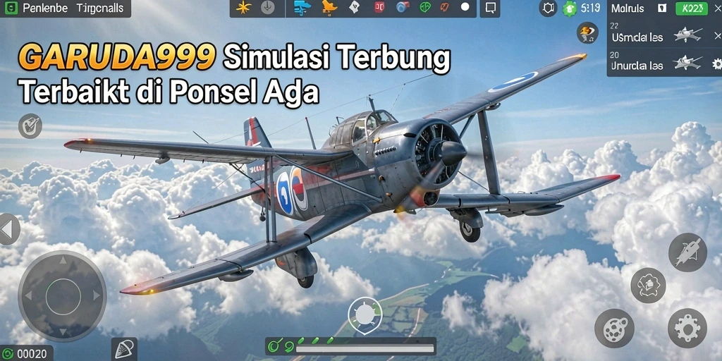 Screenshot utama GARUDA999 menampilkan pesawat terbang di langit biru yang menakjubkan.