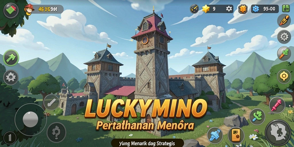 Tampilan gameplay LUCKYMINO dengan pertahanan menara yang strategis.