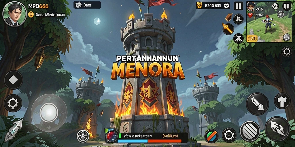 Screenshot MPO666 menunjukkan intensitas pertahanan menara dalam permainan Tower Defense.
