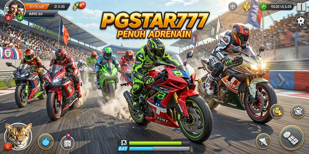 Screenshot PGSTAR777 menampilkan aksi balapan motor yang seru.