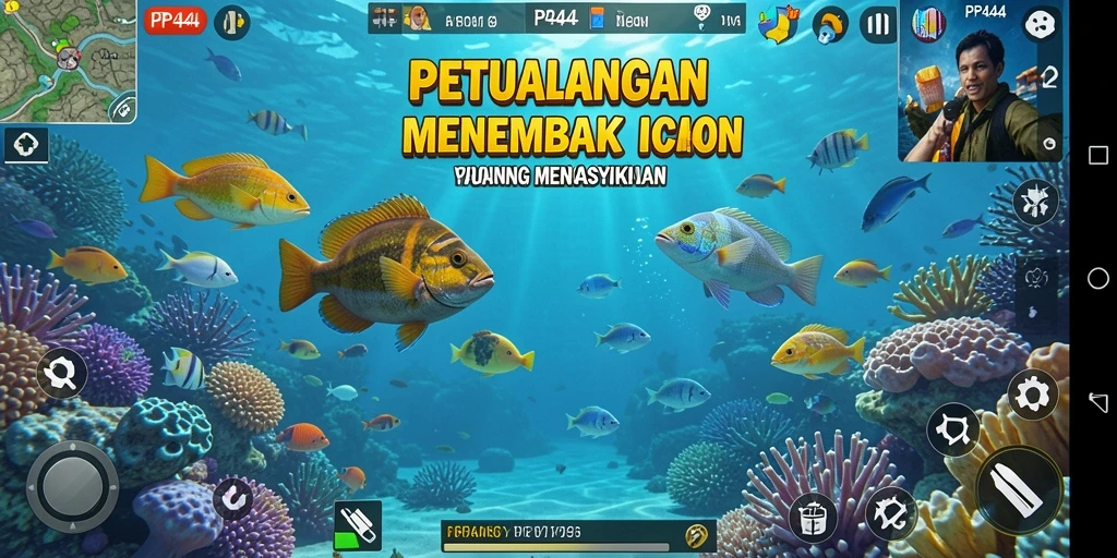 Screenshot utama PP444 dengan aksi menembak ikan yang intens.