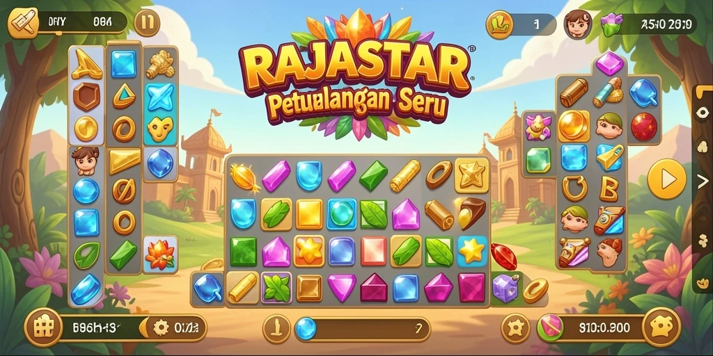 Tampilan gameplay menarik dari RAJASTAR dengan permata berwarna-warni.