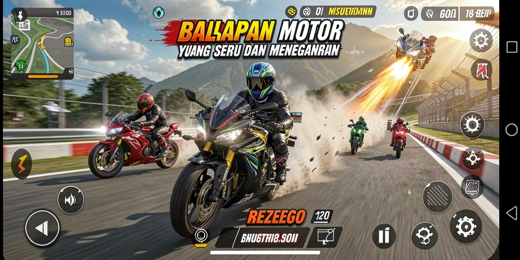 Tangkapan layar menampilkan aksi balapan motor yang mendebarkan di REZEGO.