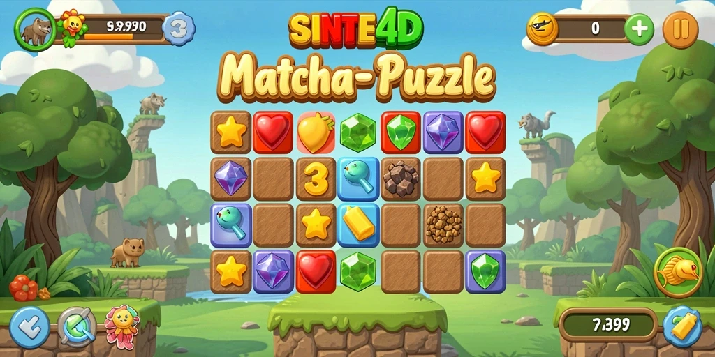 Gameplay menarik SINTE4D di level match-3 yang penuh warna.